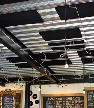 Black Acoustic panels on Cafe ceiling