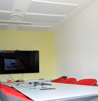 White Designer Acoustic ceiling 
panels in an office meeting room.