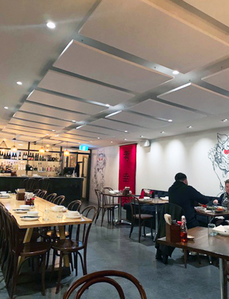 White Designer Acoustic Ceiling Panels at the Fudog Restaurant Wanaka